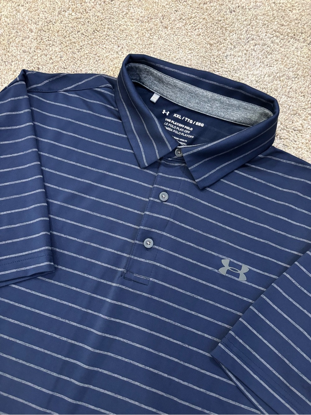 Under Armour The Playoff Polo Striped Shirt Mens 2XL Navy Performance Golf